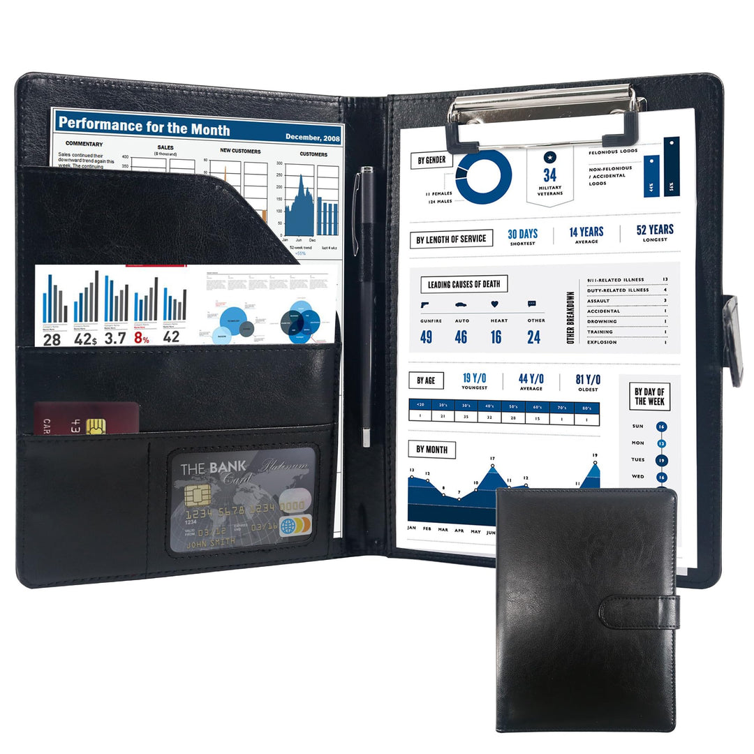 Schreibmappe A5 Klemmbrett Mappe mit Magnetischer Verschluss, organizer büro mappe, Schwarz Ordner,