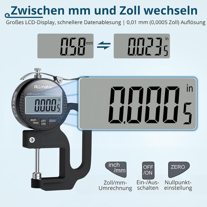 Digitales Dickenmessgerät 0-25,4mm, 0,01mm/0,0005&