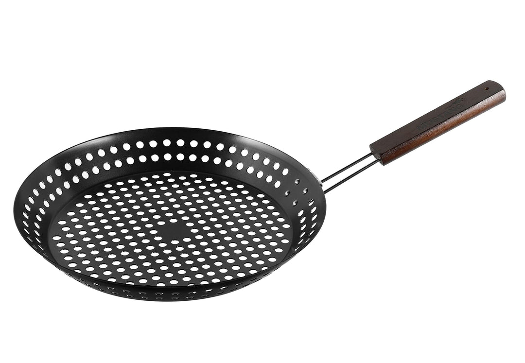 Grillpfanne Ø 30,5 cm mit klappbarem Holzgriff, Gemüsepfanne, Grill Wok