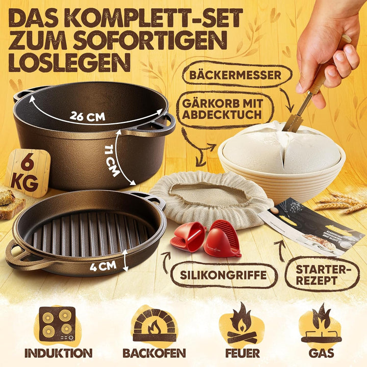 Gusseisen Topf zum Brot backen - Starter-Set mit Gärkorb, Bäckermesser und Brotrezepten - Idealer Br