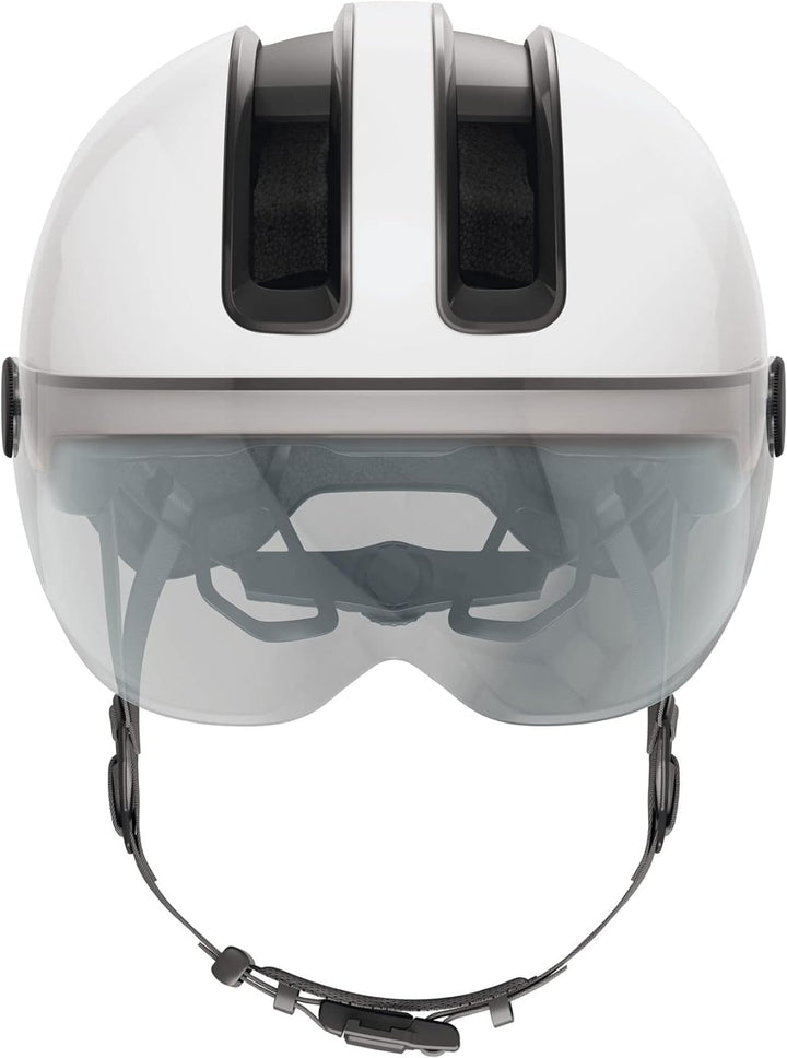ABUS Stadthelm HUD-Y ACE - stylischer Fahrradhelm mit Visier und magnetischem, aufladbarem LED-Rückl
