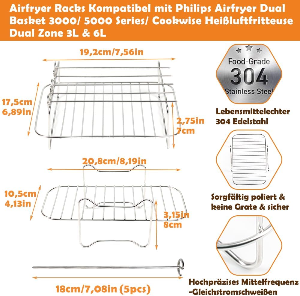 YQL Airfryer Zubehör für Philips Airfryer Dual Basket 3L & 6L, Grillrost Heissluftfritteuse für Phil