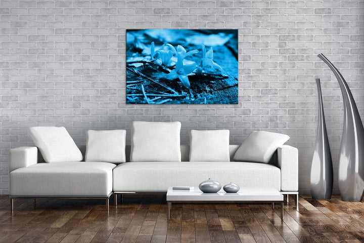 deyoli blühender Osterstrauch Format 80x60 Effekt: Monocrome Blau als Leinwandbild, Motiv fertig ger