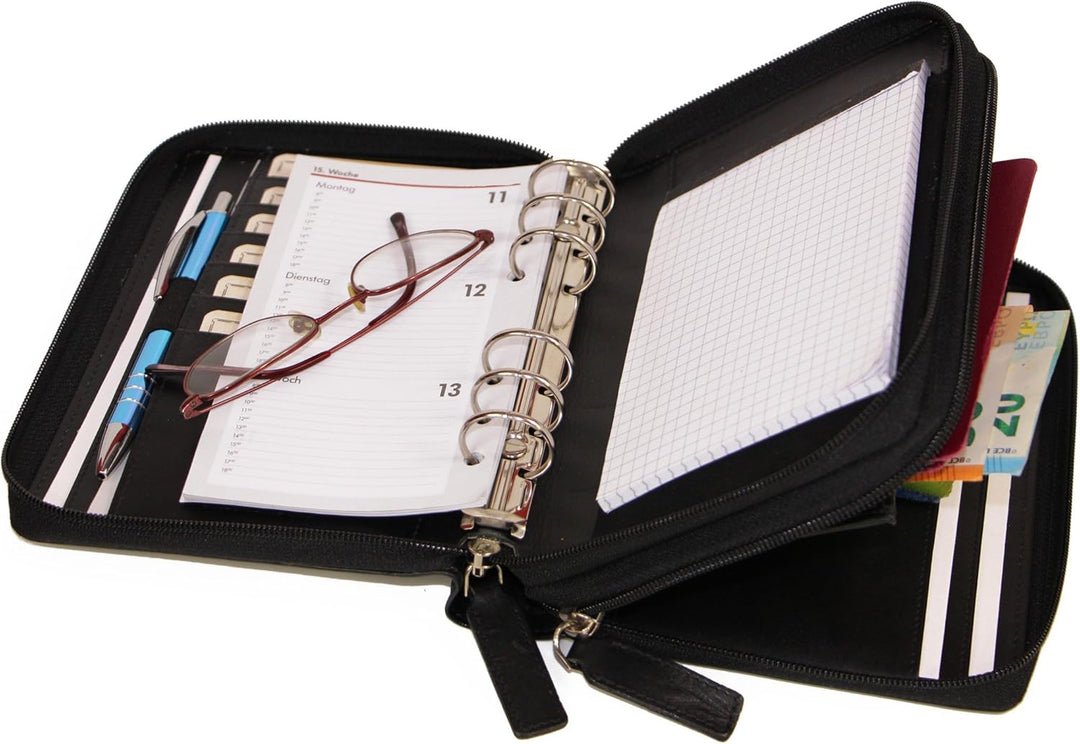 ALMADIH Leder A6 Kombimappe 2 Reissverschluss Fächer Kalender 2026 Premium Rindsleder Schwarz Gesche