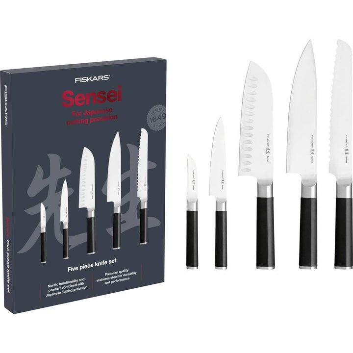 Fiskars Messer-Set, Sensei, 5-teilig, Kochmesser, Brotmesser, Santoku-Messer, Gemüsemesser, Schälmes