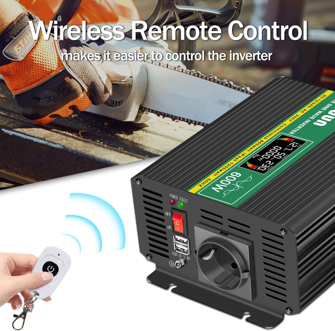 JIGUUN 600W Wechselrichter Reiner Sinus Spannungswandler 12v 230v Inverter Mit EU-Steckdose und 2 US