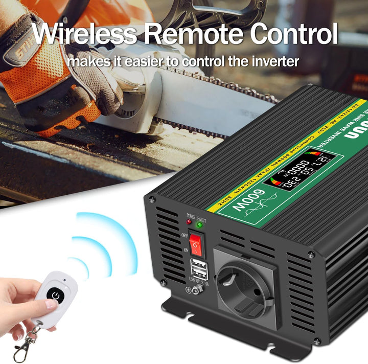 JIGUUN 600W Wechselrichter Reiner Sinus Spannungswandler 12v 230v Inverter Mit EU-Steckdose und 2 US