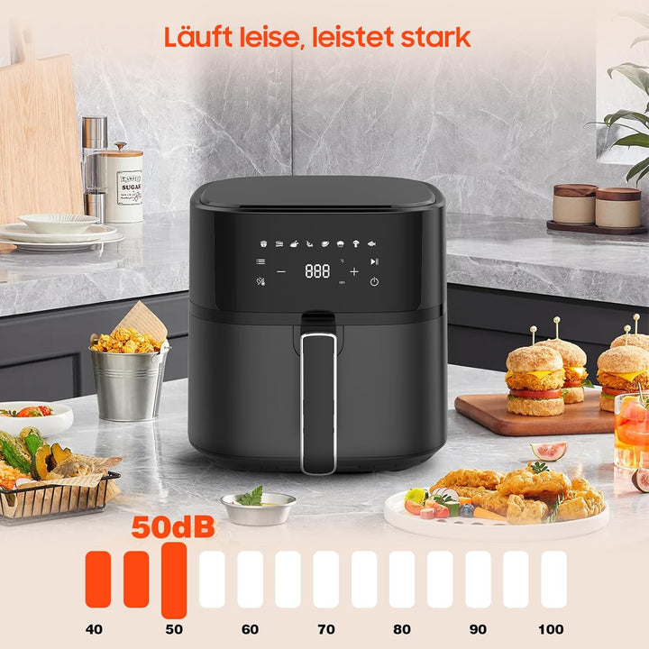 Dewelling Heissluftfritteuse 6,5L XL Airfryer, Leise Friteuse ohne Öl mit 8 Programmen, Touchscreen,