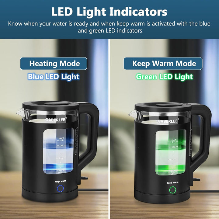GABERLEE Wasserkocher Glas, 1,7 Liter Elektrischer Wasserkocher mit Warmhaltefunktion, LED-Beleuchtu