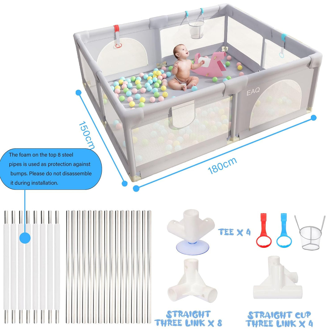 EAQ Baby Laufstall 150x180cm Laufgitter Sicherheitsspielplatz mit superweichem, atmungsaktivem Netz,