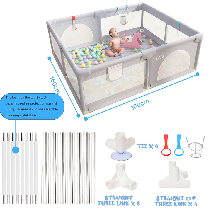 EAQ Baby Laufstall 150x180cm Laufgitter Sicherheitsspielplatz mit superweichem, atmungsaktivem Netz,