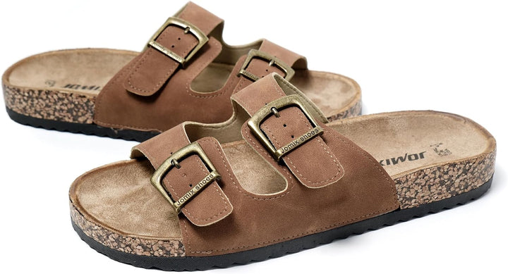 JOMIX Sommer Pantoletten Herren Kunstleder Sandalen Weiche Cork Fussbett Latschen Flache Strandschuh