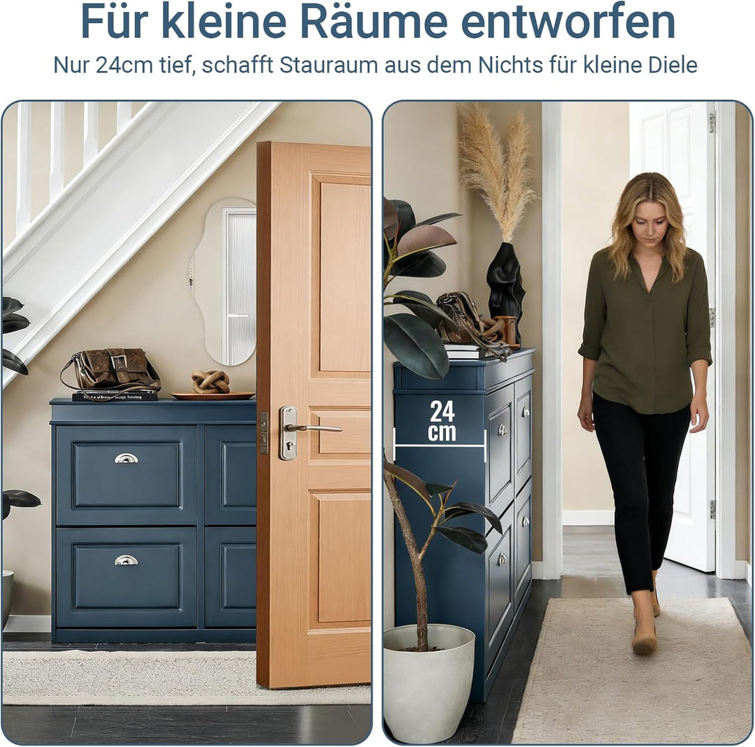 SoBuy Schuhschrank mit Schublade und Haken- Schuhregal Schuhkipper Schmal – 4 Klappen für bis zu 16