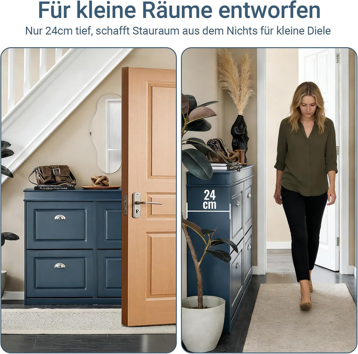 SoBuy Schuhschrank mit Schublade und Haken- Schuhregal Schuhkipper Schmal – 4 Klappen für bis zu 16