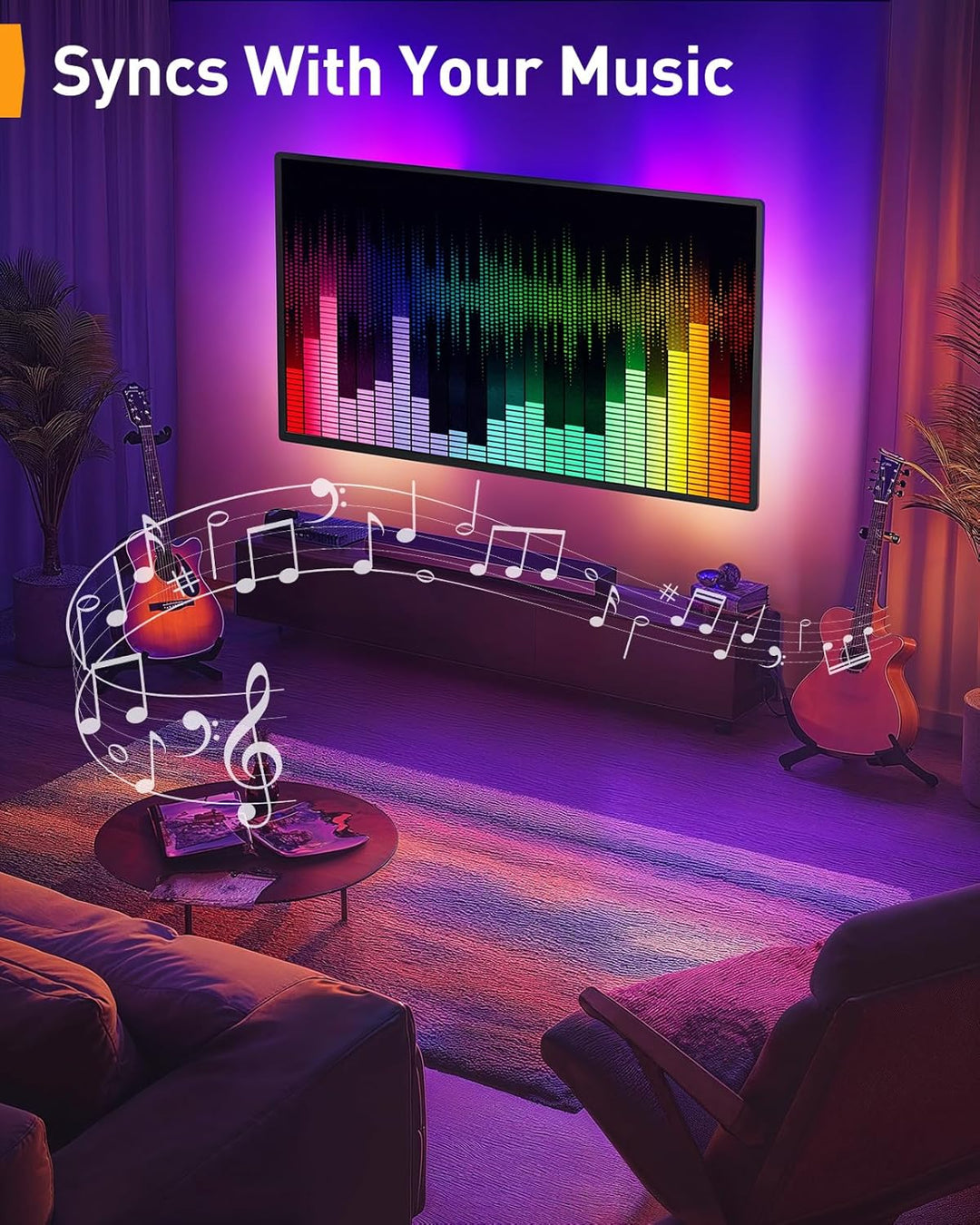 Perlegear TV Wandhalterung für 26-65 Zoll TVs bis 45 kg, LED-Hintergrundbeleuchtung mit Musik-Synchr