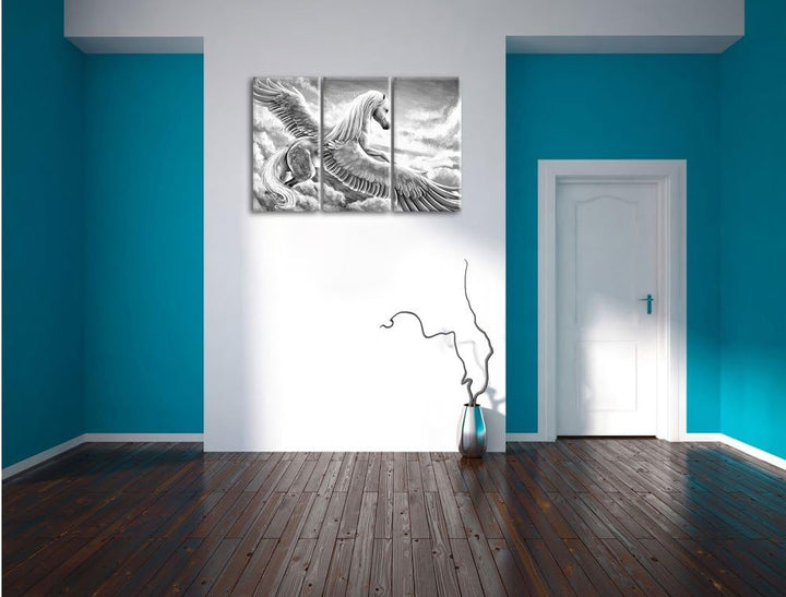 Pixxprint Pegasus fliegt über den Wolken Kunst B&W 3-Teiler Leinwandbild 120x80 Bild auf Leinwand