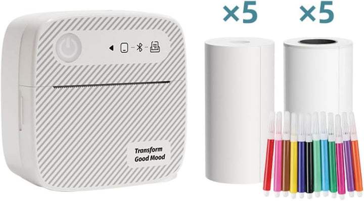 Tragbarer Aufkleberdrucker, Thermo-Minidrucker mit 10 Rollen Aufkleberpapier, kabelloser tintenloser