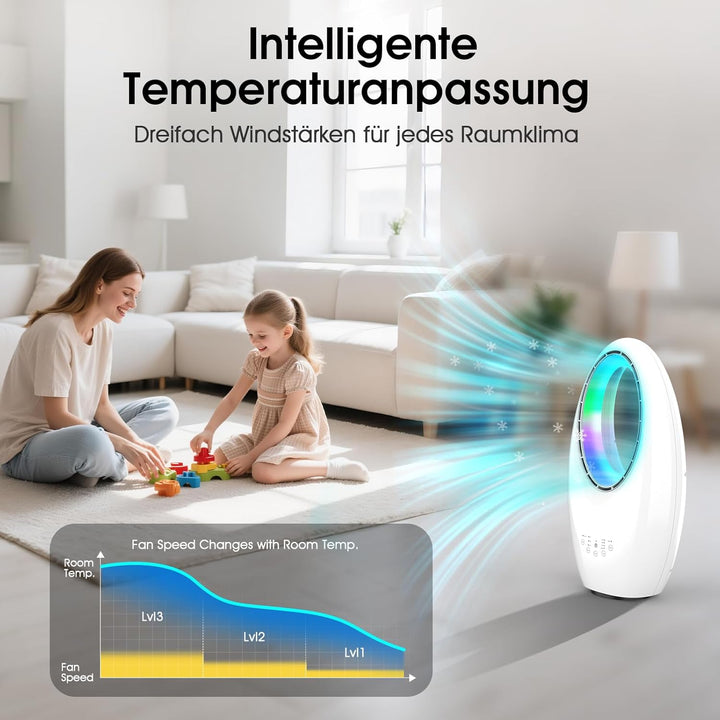 Rotorloser Ventilator Leise Turmventilator mit Fernbedienung, LED Beleuchtung, 3 Modi, 7.5h Timer, 6