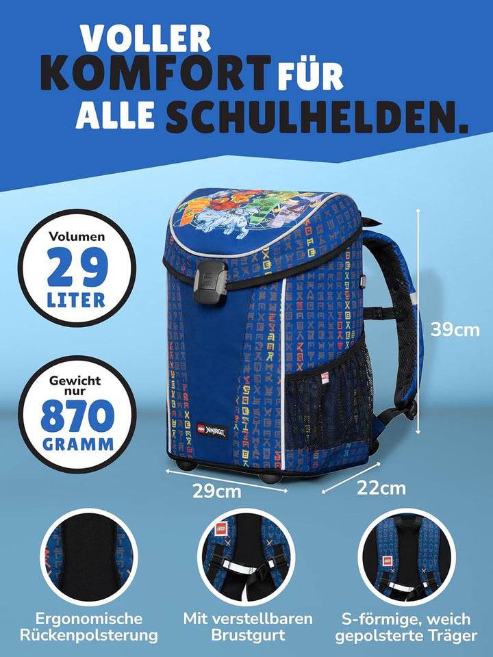 Familando Lego Ninjago Schulranzen-Set 5tlg. Easy mit Federmappe gefüllt, Turnbeutel, Regenschutz un