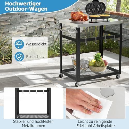 Generisch Grilltisch Outdoor, Grillwagen mit 2 Ablagen & 4 Rädern & Griff & 4 Haken, Pizzatisch Beis