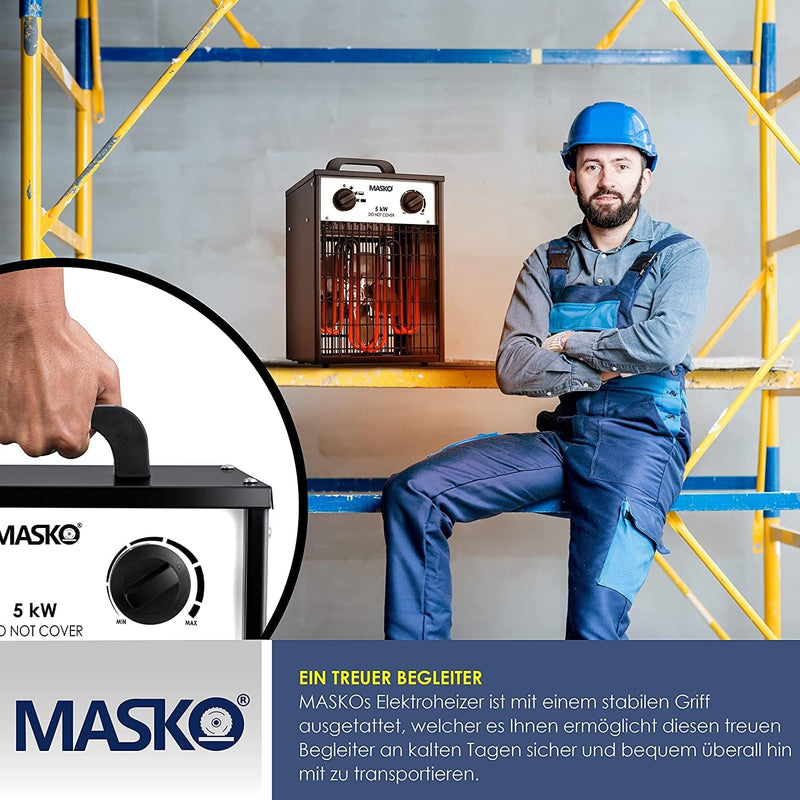 Masko® Elektroheizer Heizlüfter Bauheizer 5 KW mit integriertem Thermostat elektrisch Heizgerät 5000