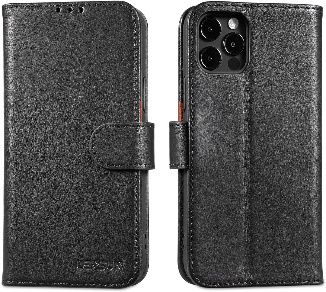 LENSUN Echtleder Hülle für iPhone 12, iPhone 12 Pro Handyhülle [Echtes Leder][Magnetverschluss][RFID