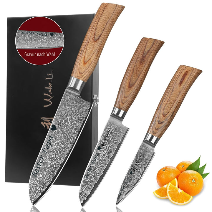 Wakoli EDIB Pro Damastmesser Set mit Gravur – Personalisiertes 3er Messerset, 16cm, 11cm & 8cm Kling