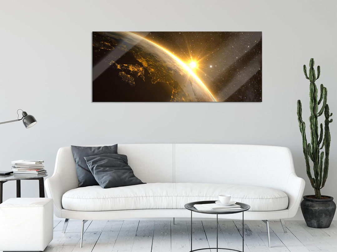 Glasbild Panorama | Wandbild aus Echtglas | Die Sonne und Erde im Weltall | 100x40 cm | inkl. Aufhän