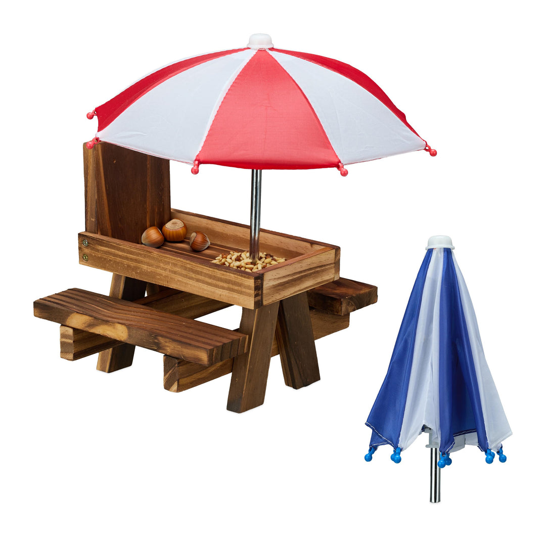 Relaxdays Eichhörnchen Tisch, Holz, Eichhörnchenbank mit 2 Schirmen, Eichhörnchen-Picknicktisch zum