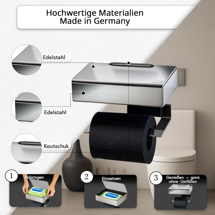 Toilettenpapierhalter mit Feuchttücherbox - Gehäuse Poliert & Abdeckung Edelstahl - befüllbar von Li