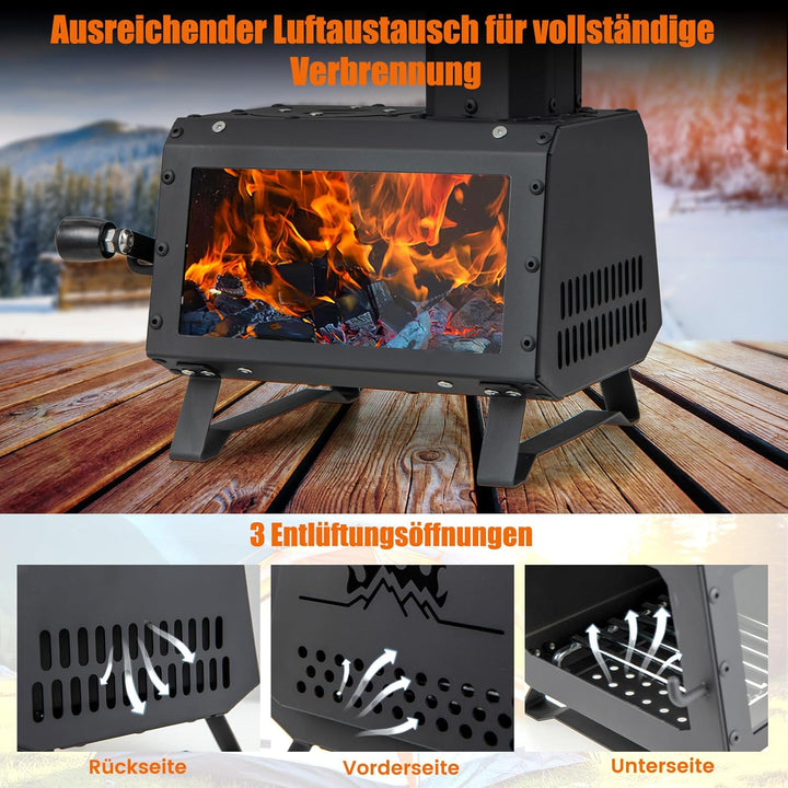 GYMAX Holzofen, tragbarer Raketenofen mit Sichtfenster, Zeltofen inkl. 2 Kochflächen mit Sichtscheib
