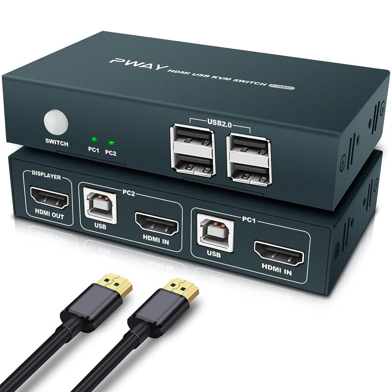 KVM Switch HDMI 2 Port, 4K@30Hz 2 PC 1 Monitor Switch, USB2.0 KVM-Switches mit Knopfschalter, 2 HDMI