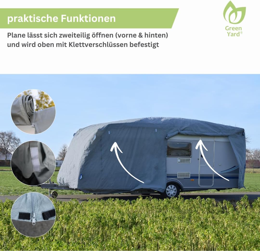 GreenYard® Wohnwagen Abdeckplane mit Reflektorstreifen | Grösse XXL 730 x 250 x 220 cm | Camping Sch