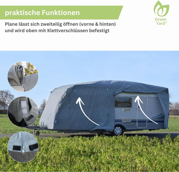 GreenYard® Wohnwagen Abdeckplane mit Reflektorstreifen | Grösse XXL 730 x 250 x 220 cm | Camping Sch
