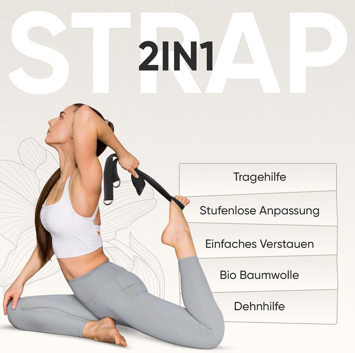 Premium Yoga-Matte STUDIO 185 x 68 x 0,4cm (extra gross) inkl. Gurt aus ECO PU &amp; Naturkautschuk - An