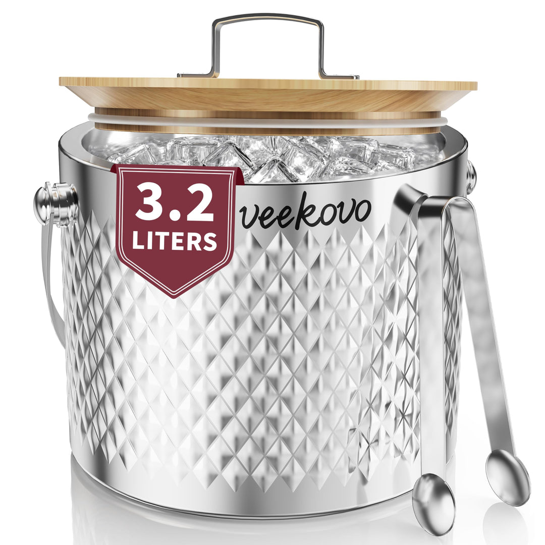 3,2L Eiswürfelbehälter mit Deckel und Schaufel,Edelstahl Eiskübel Doppelwandiger Isolierter,Eisbehäl