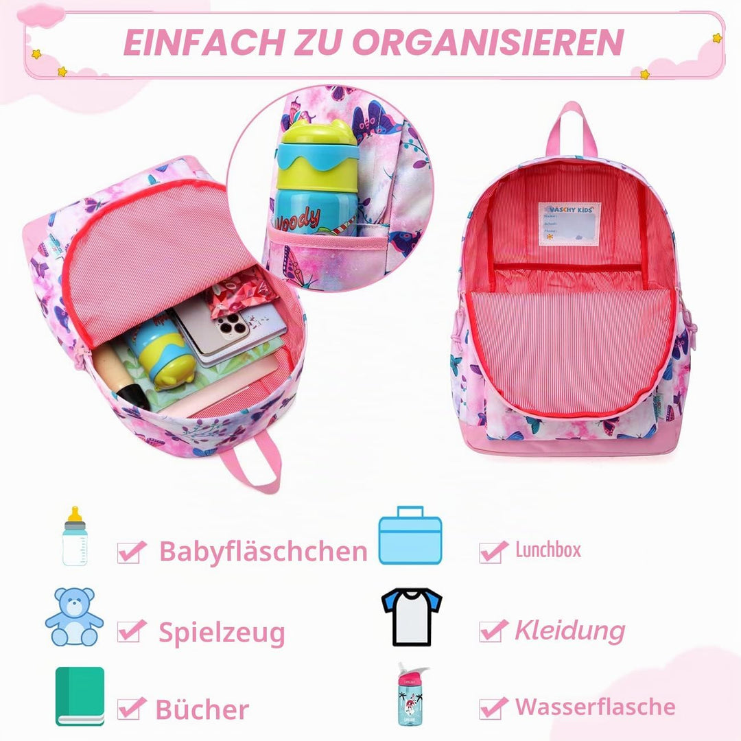 VASCHY Mädchen Schulrucksack 4-6 Jahre Schulrucksack mit Seitentaschen und Brustgurt 148-schmetterli