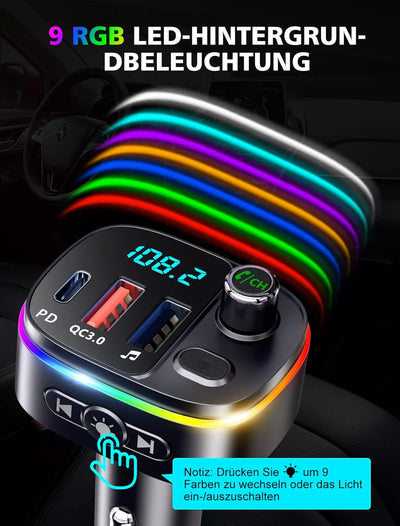 Mohard Bluetooth Adapter Auto, PD 18W&QC3.0 FM Transmitter Auto, 9 RGB Beleuchtungsmodi, 3 USB Ansch