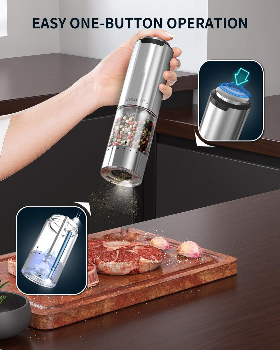 CIRCLE JOY Wiederaufladbarer Pfeffermühle Elektrischer Gewürzmühle aus Edelstahl mit Waschbarem 95ml