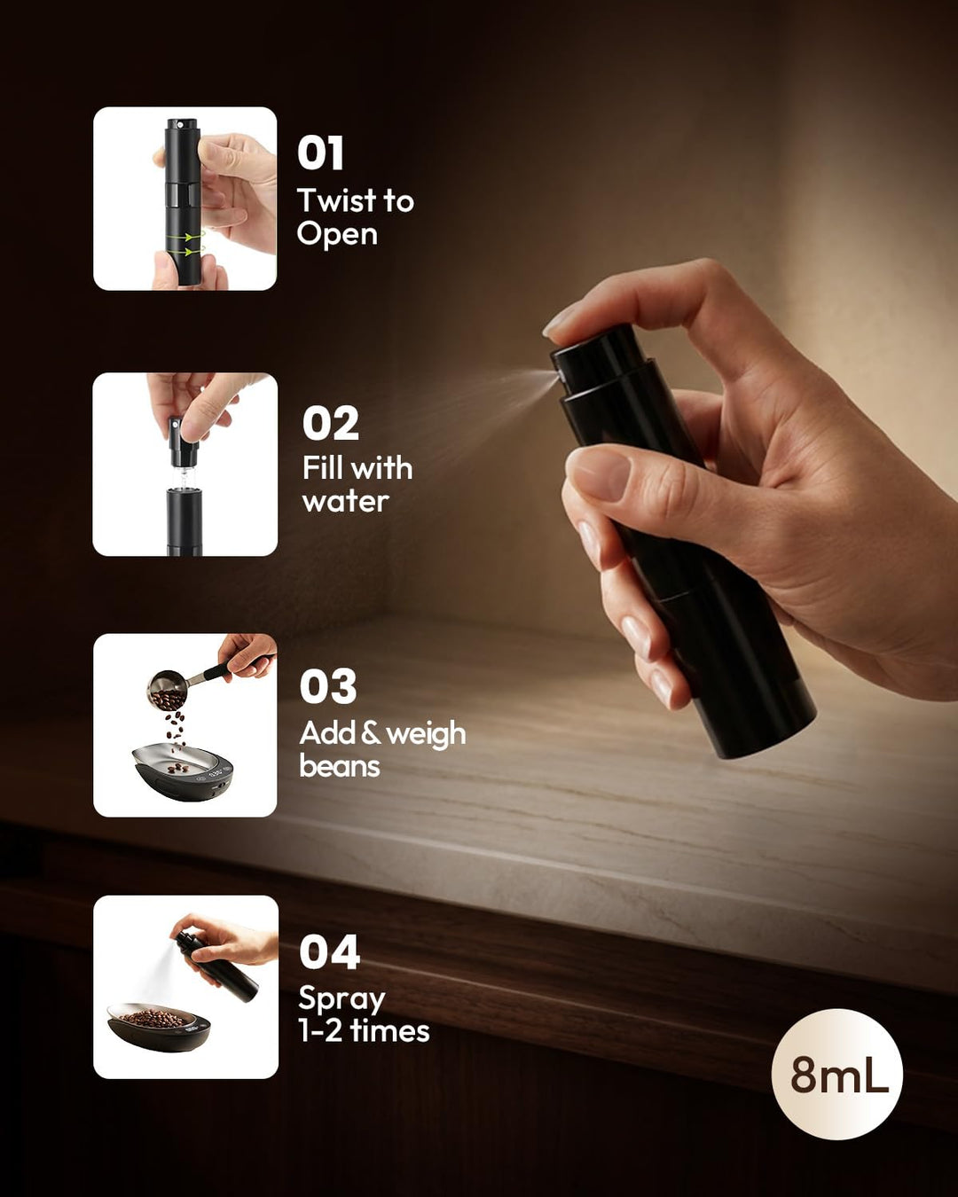 Maestri House wiederaufladbare Kaffeewaage 0,1g präzise mit 8ml Sprühflasche ergonomisches Design mi