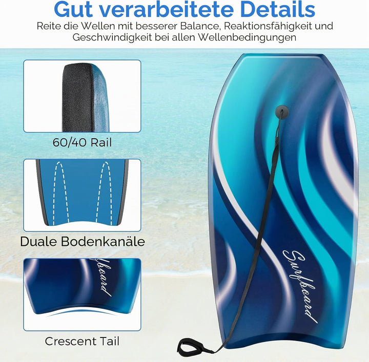 HOMASIS Leichtes Surfbrett, Bodyboard mit XPE-Brücke, Wellenbrett aus EPS-Schaumkern, Halbmond-Basis