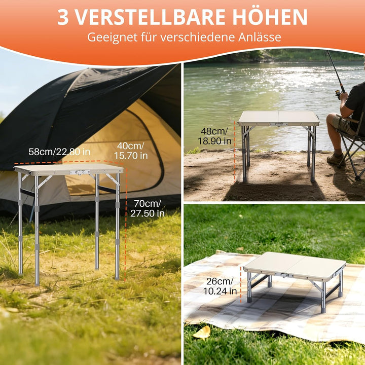 FUNYKICH Campingtisch Klappbar 58x40cm, Höhenverstellbar 26/48/70cm Weiss | Wasserdichter Kunststoff