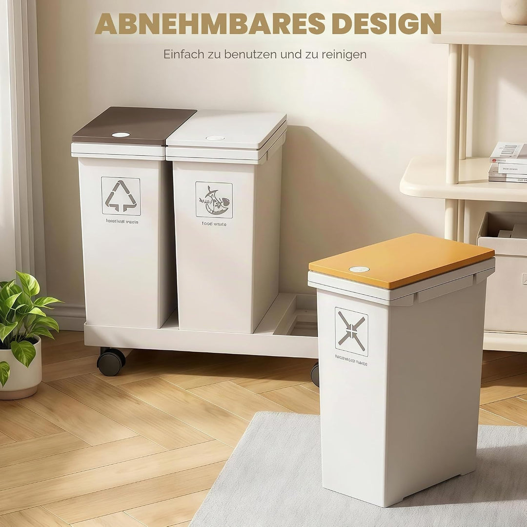 Mobiles Mülleimer Küche 3 x 12 L mit Rollen Mülltrennsystem 3 Fächer mit Druckdeckeln für Zuhause un