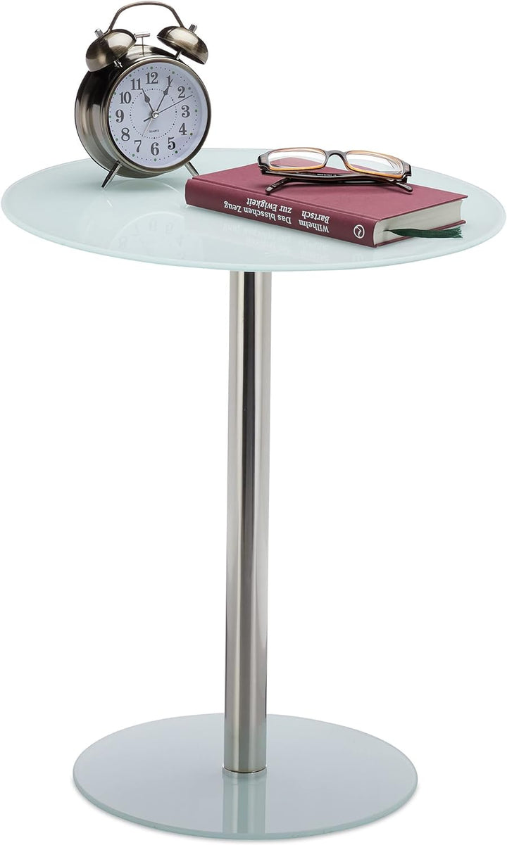 Relaxdays, Weiss Runder Beistelltisch aus Glas und Edelstahl, dekorativer Loungetisch, HxBxT: 53 x 4