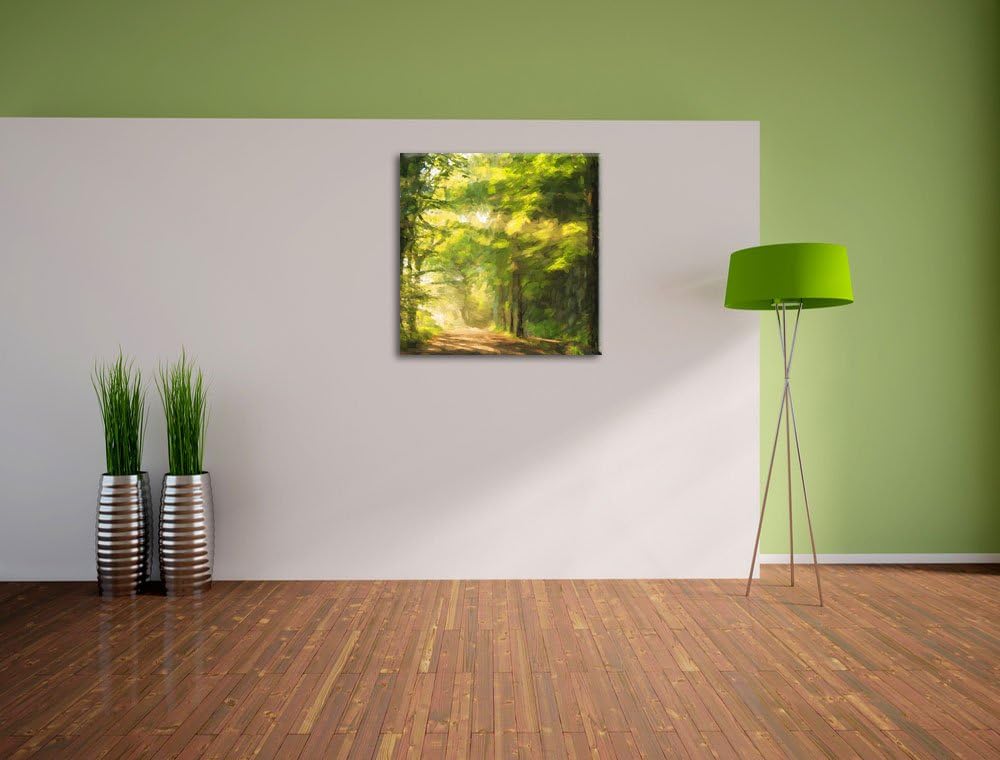 Pixxprint Waldweg im Frühling als Leinwandbild | Grösse: 70x70 cm | Wandbild | Kunstdruck | fertig b