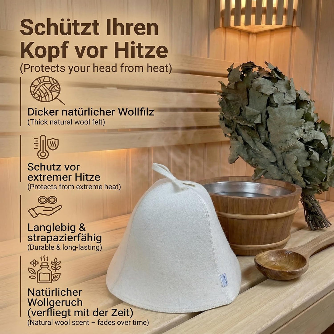 Ger3as Saunahut 100% Wollfilz mit Haken für Damen und Herren, Wellness Mütze Premium Qualität Filz S