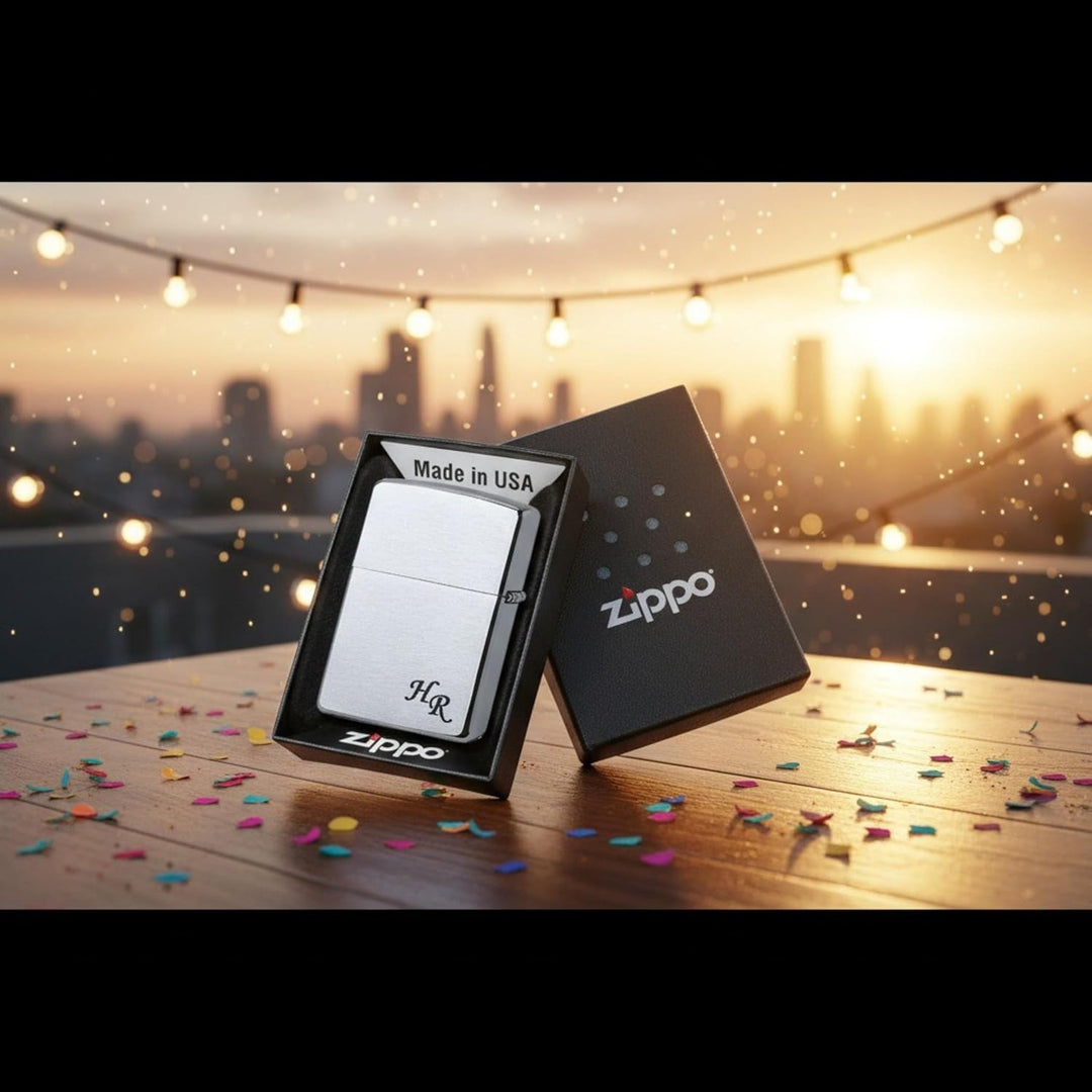 Zippo Benzinfeuerzeug mit Initialen Gravur Chrome Brushed Wunschgravur personalisiert Name Personali