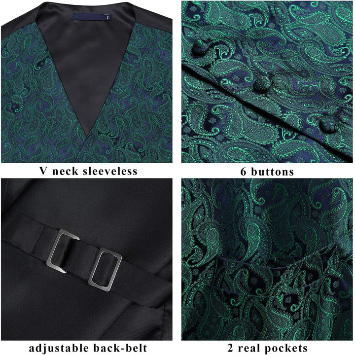 Enlision Herren Paisley Floral Jacquard Weste & Krawatte und Pocket Square Weste Anzug Set XL Grun,