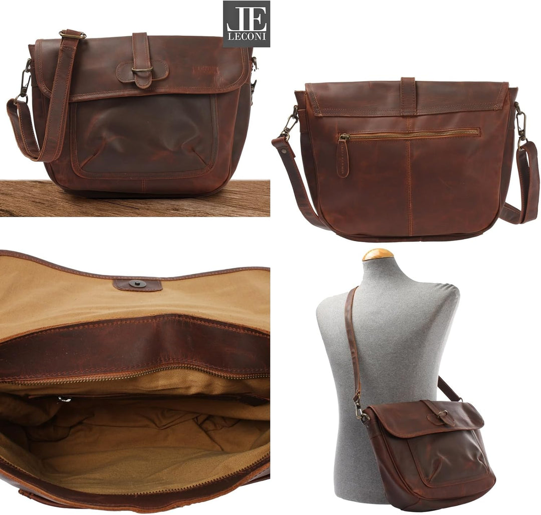 LECONI Umhängetasche Freizeittasche mit Trageriemen Damen Schultertasche in Echtleder Vintage-Look L
