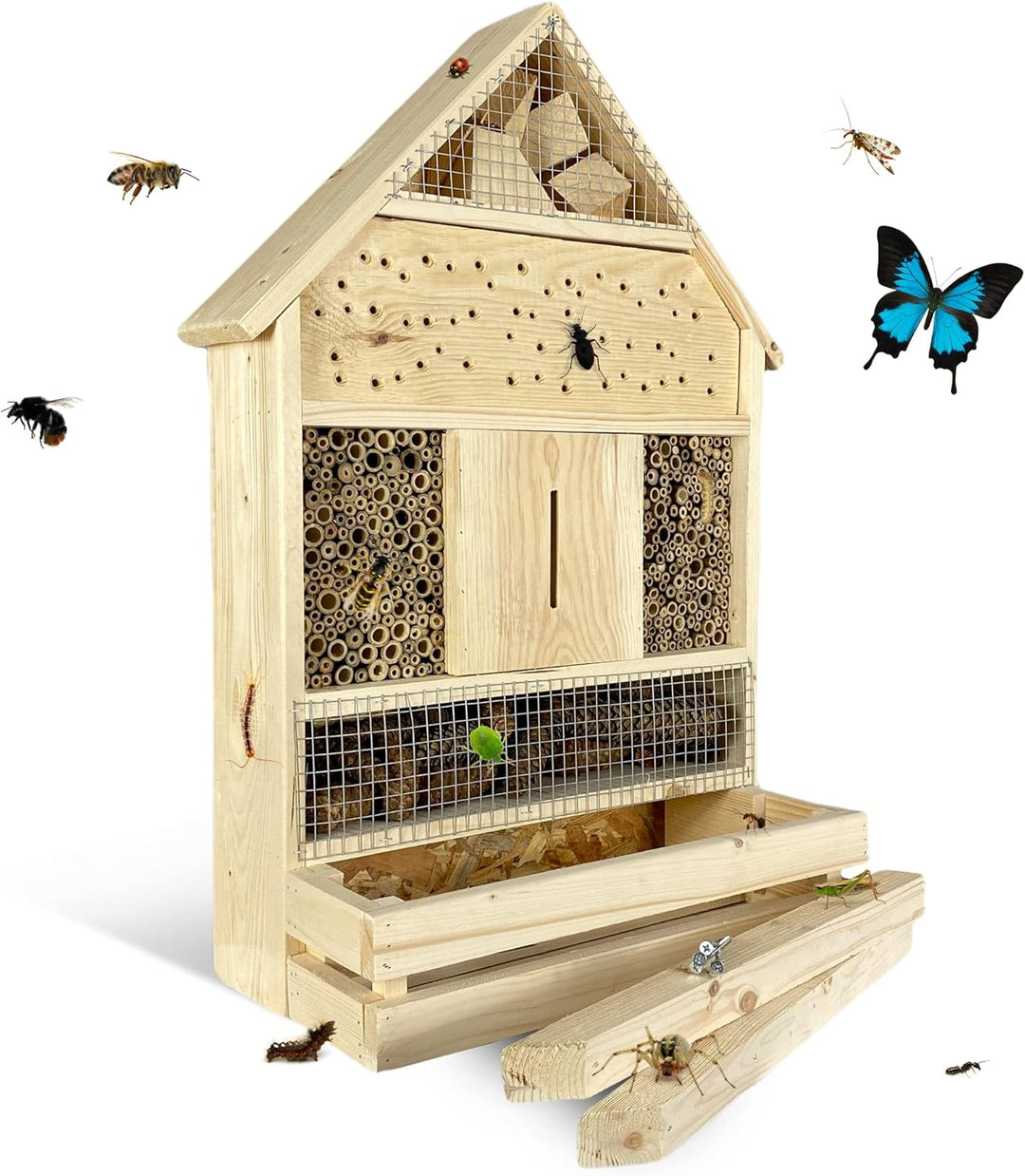 GARTENETAGE Stehendes Insektenhotel XXL mit Pflanzenoase/Naturbelassenes, massives Insektenhaus Gros